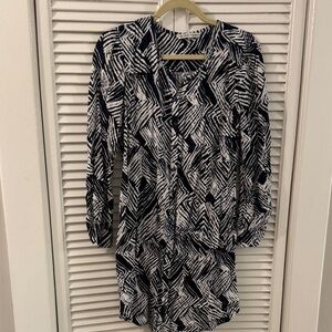 Trina Turk Navy and White Geometric Long Sleeve Dress